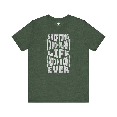 Green t-shirt with white text on a white background