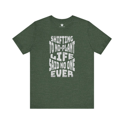 Green t-shirt with white text on a white background