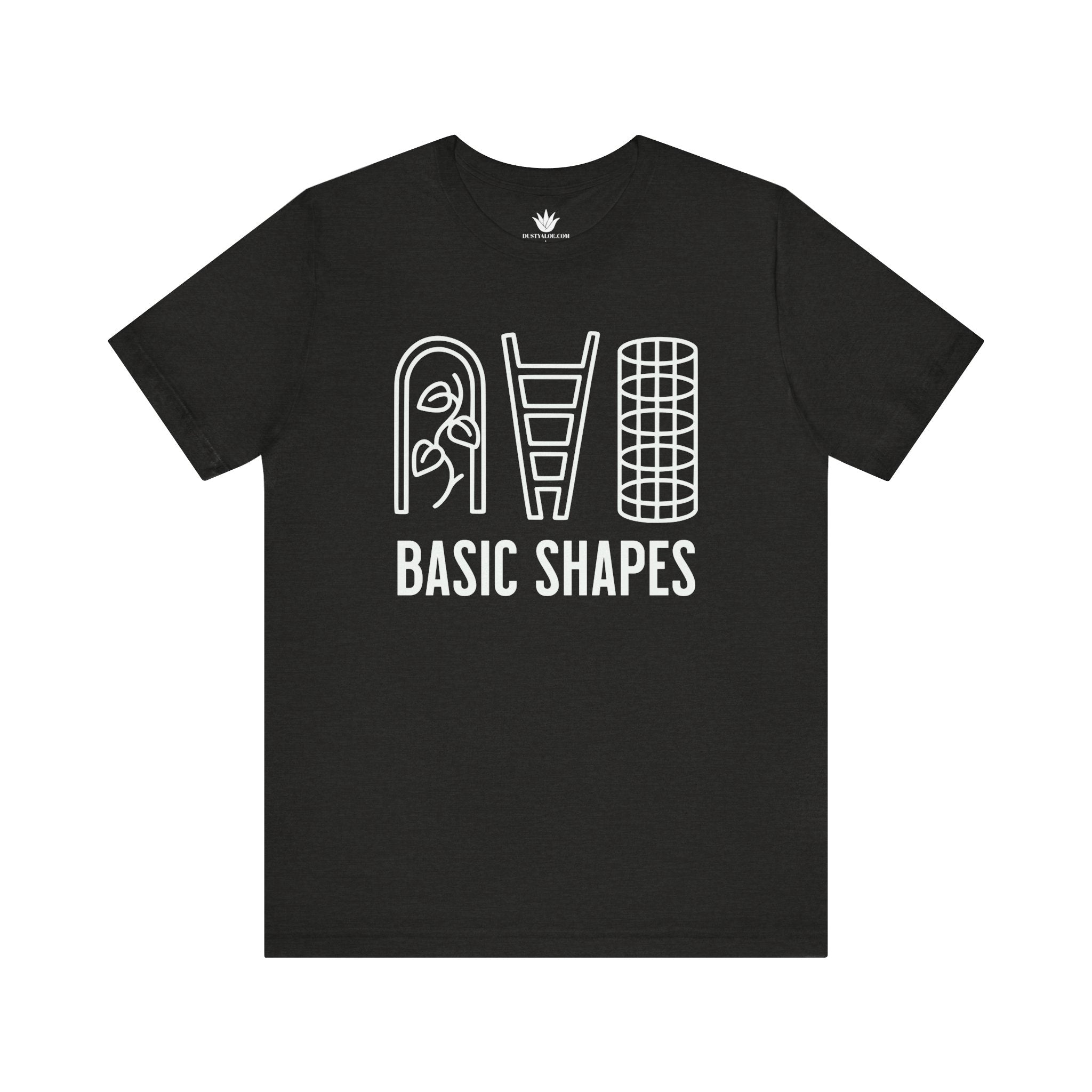 Black t-shirt with “Basic Shapes” text and three white trellis designs (arch, ladder, cylinder), a funny graphic for Hoya plant lovers.