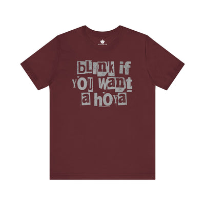 Maroon t-shirt with white text on a white background