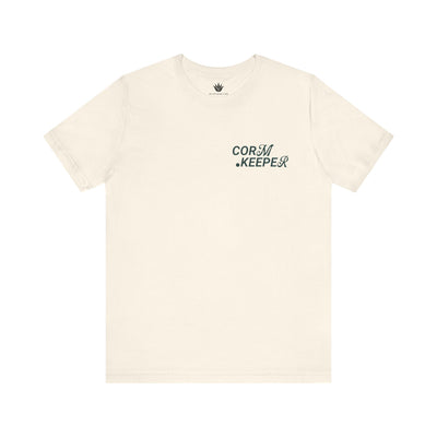 Beige t-shirt with 'Corn Keeper' text and logo on a white background