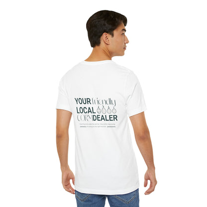 Person wearing a white t-shirt with text on the back, standing against a white background
