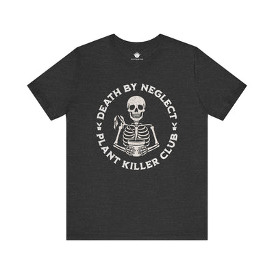grey T-shirt with white skeleton graphic holding a wilted plant and text ‘Death by Neglect – Plant Killer Club’ – funny plant humor tee.