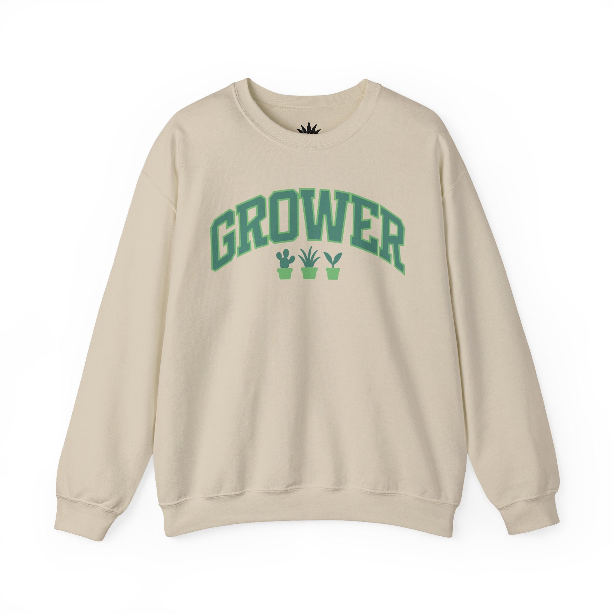 Beige sweatshirt with bold green text ‘Grower’ and three small potted plant icons – cozy sweatshirt for houseplant lovers and gardeners.