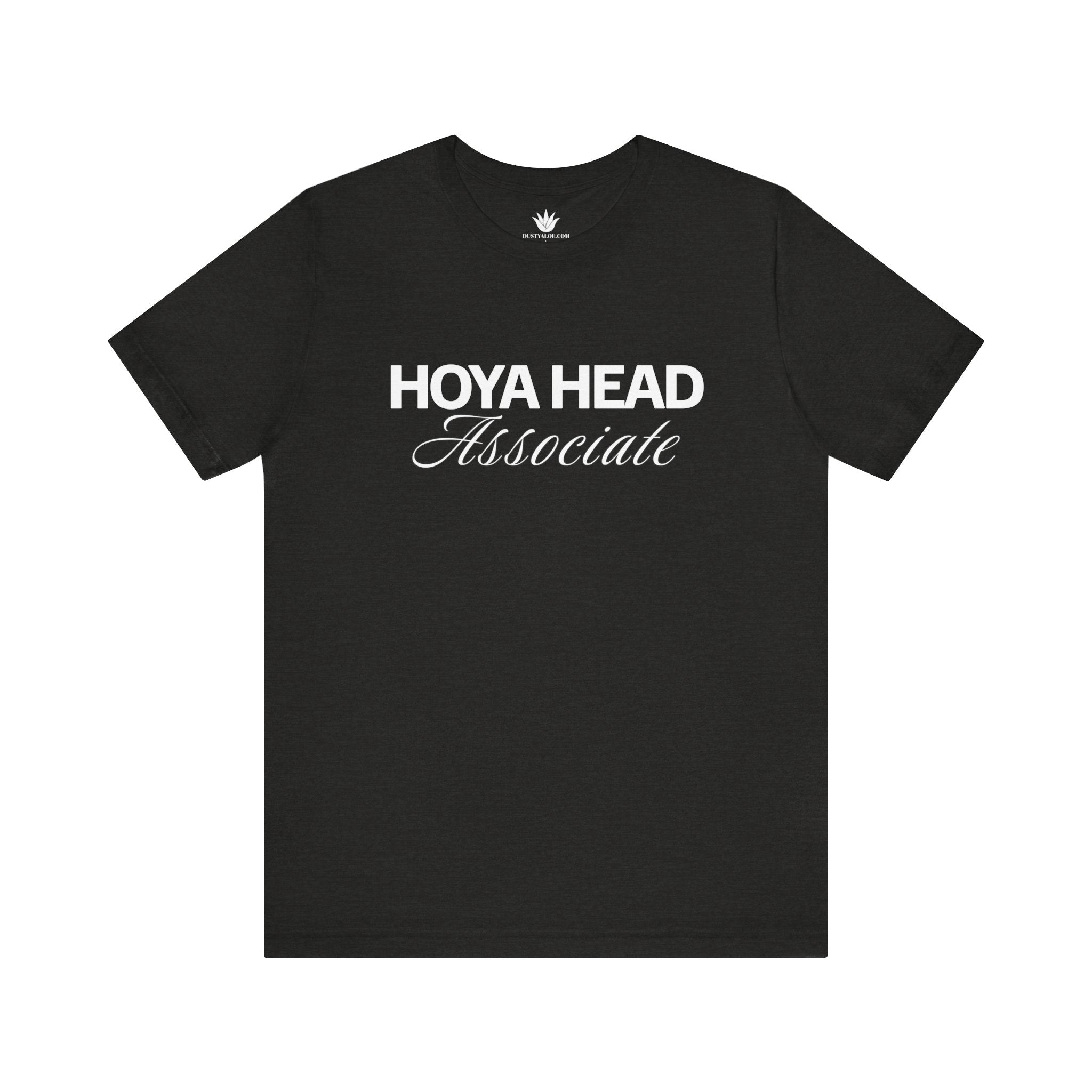Gray graphic t-shirt with “Hoya Head Associate” text design, funny plant lover roommate shirt.