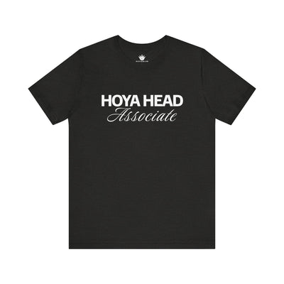 Gray graphic t-shirt with “Hoya Head Associate” text design, funny plant lover roommate shirt.