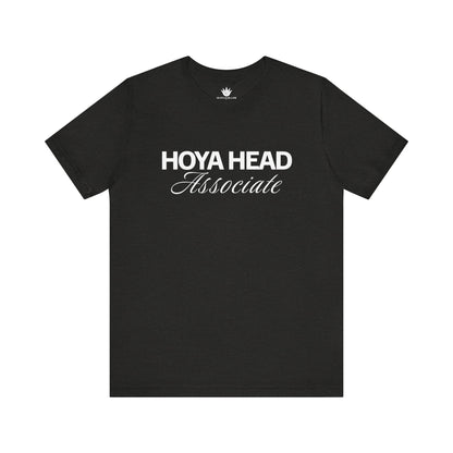 Gray graphic t-shirt with “Hoya Head Associate” text design, funny plant lover roommate shirt.