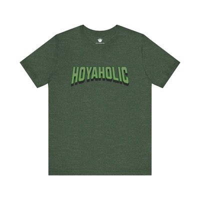 Green t-shirt with 'HOYAHOLIC' text on a white background