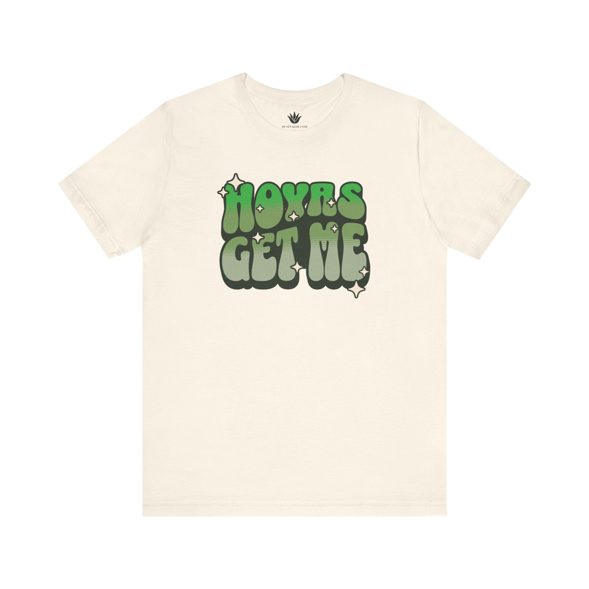 Beige t-shirt with green text 'HOYAS GET ME' on a white background