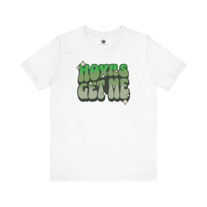 White “Hoyas Get Me” T-shirt with retro green lettering – funny plant lover shirt for Hoya collectors