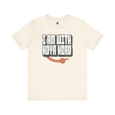 Beige t-shirt with text 'I AM WITH HOYA HEAD' on a white background
