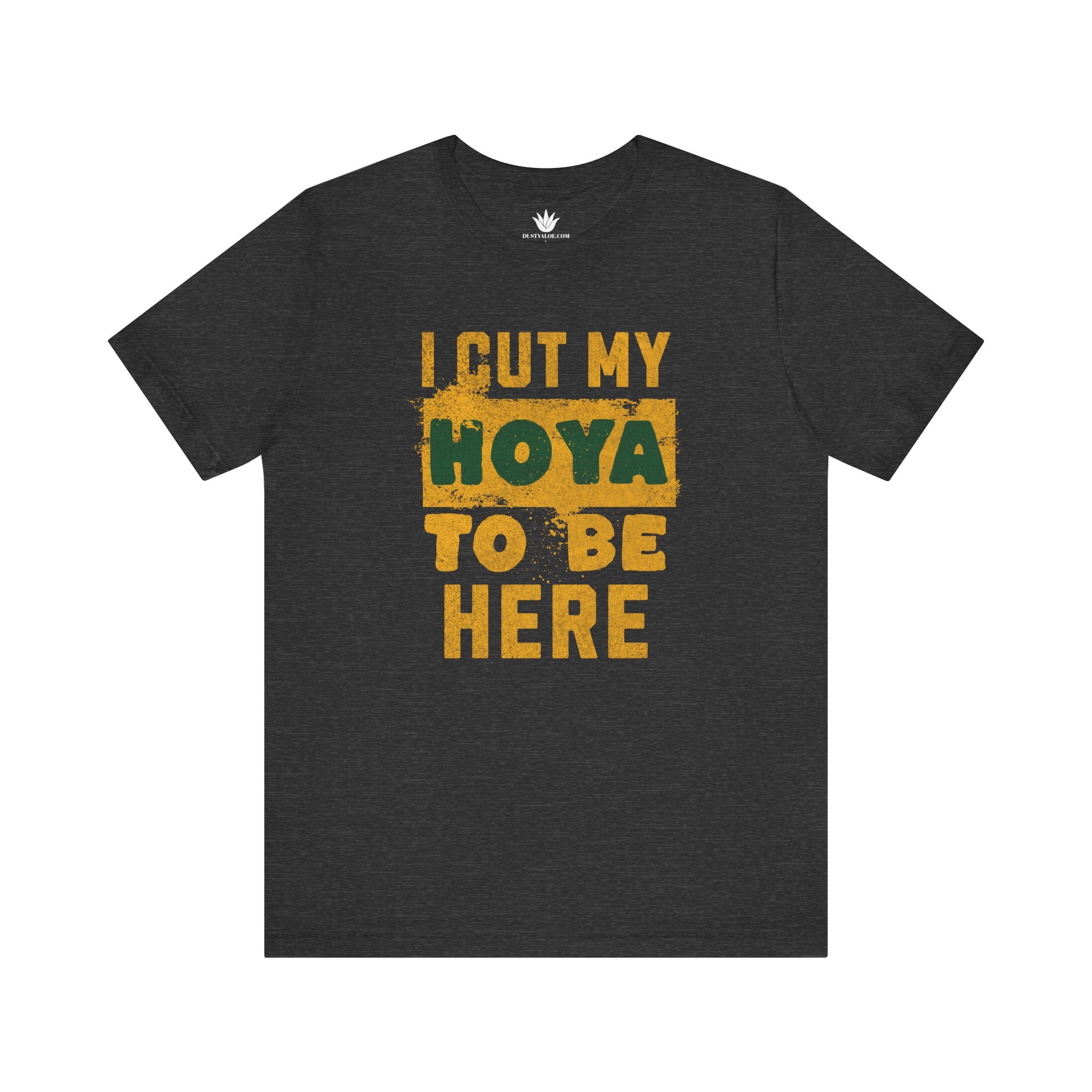 Black t-shirt with yellow and green text on a white background