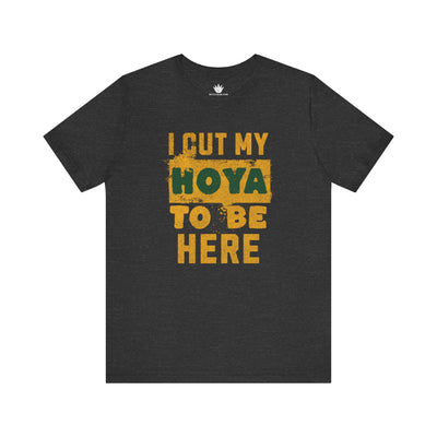 Black t-shirt with yellow and green text on a white background