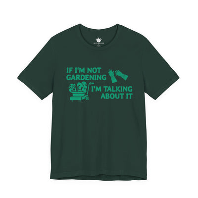 Green t-shirt with gardening-themed text on a white background
