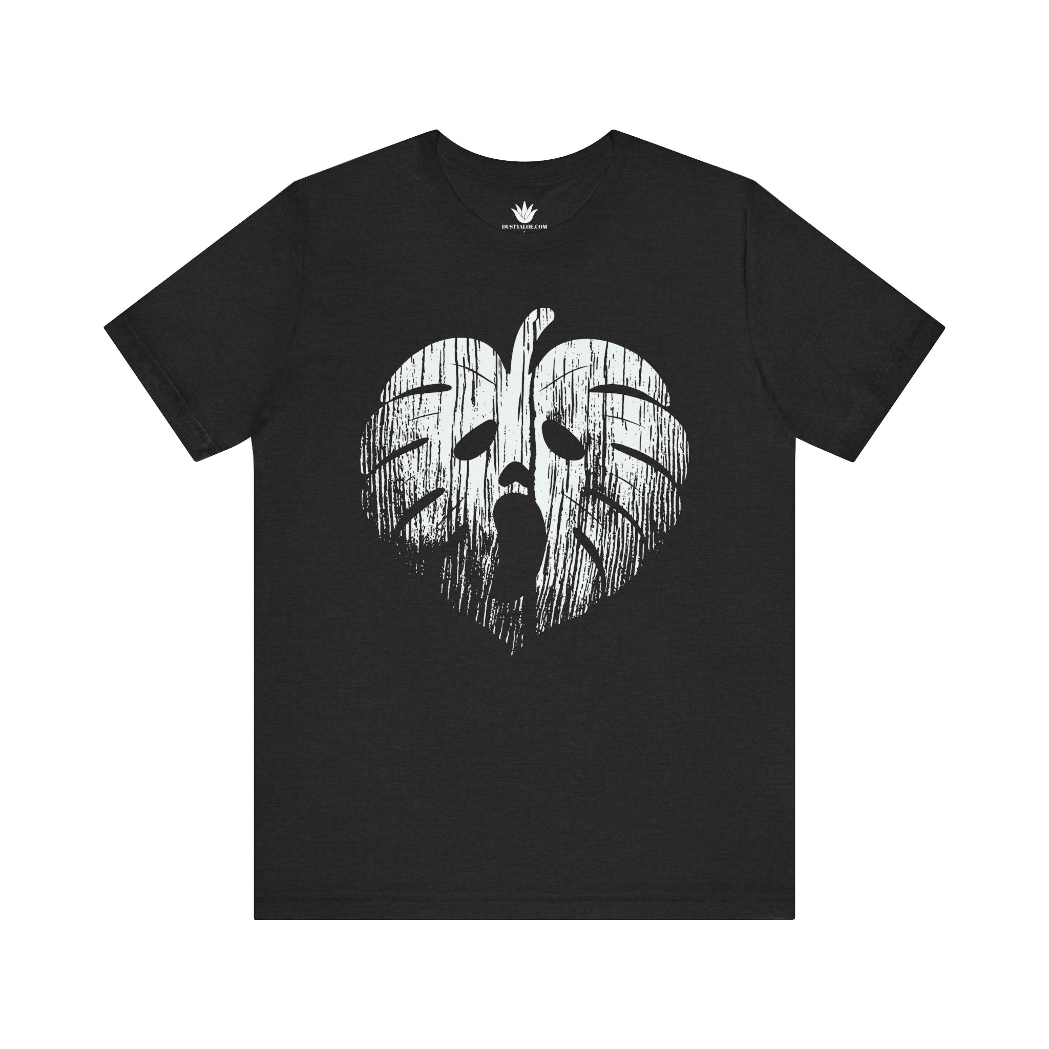 Black t-shirt with white graphic design on a white background