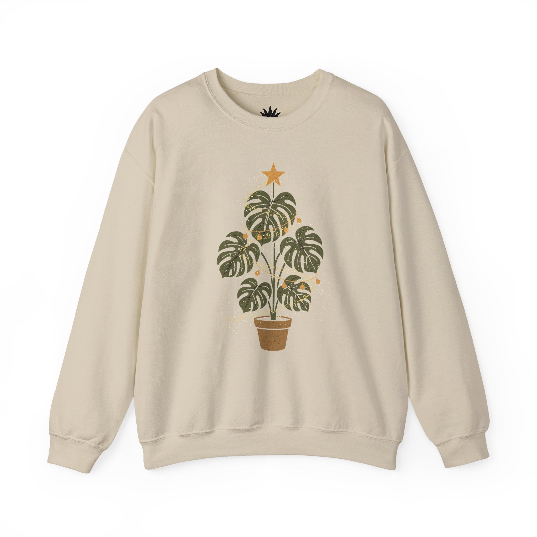 Beige sweatshirt with a plant graphic on a white background