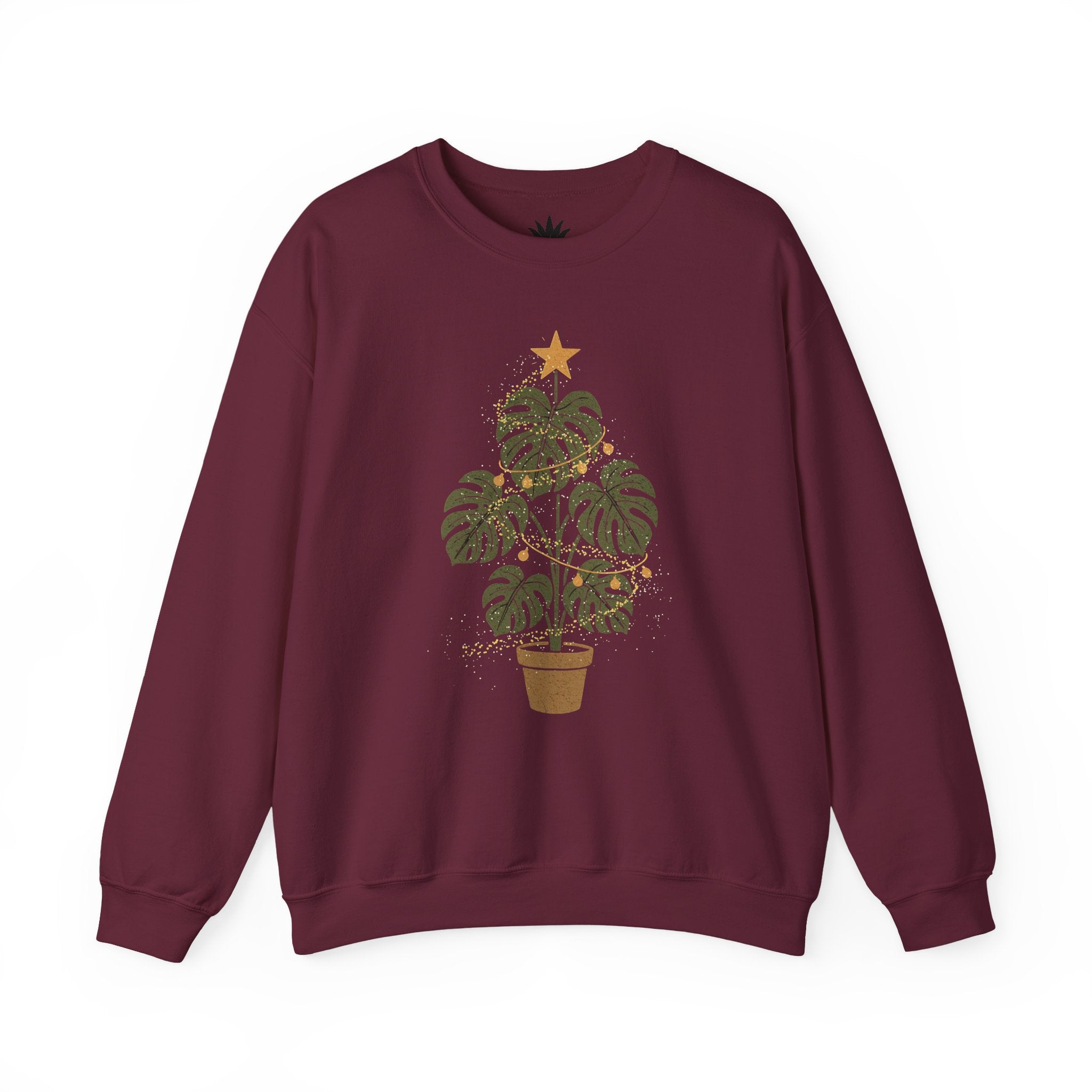 Maroon sweatshirt with a potted plant design on a white background