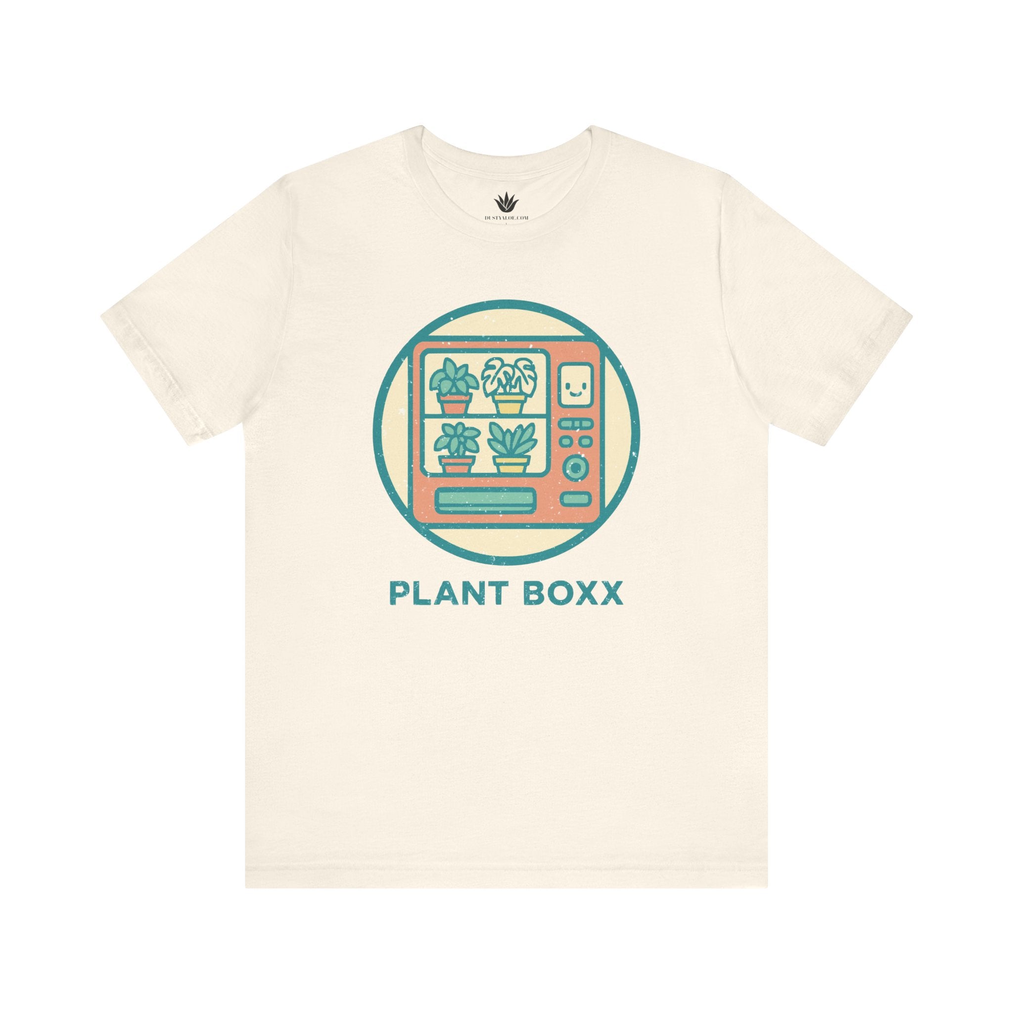 Beige unisex t-shirt with colorful retro vending machine design filled with potted plants and text “Plant Boxx” – perfect for plant lovers.
