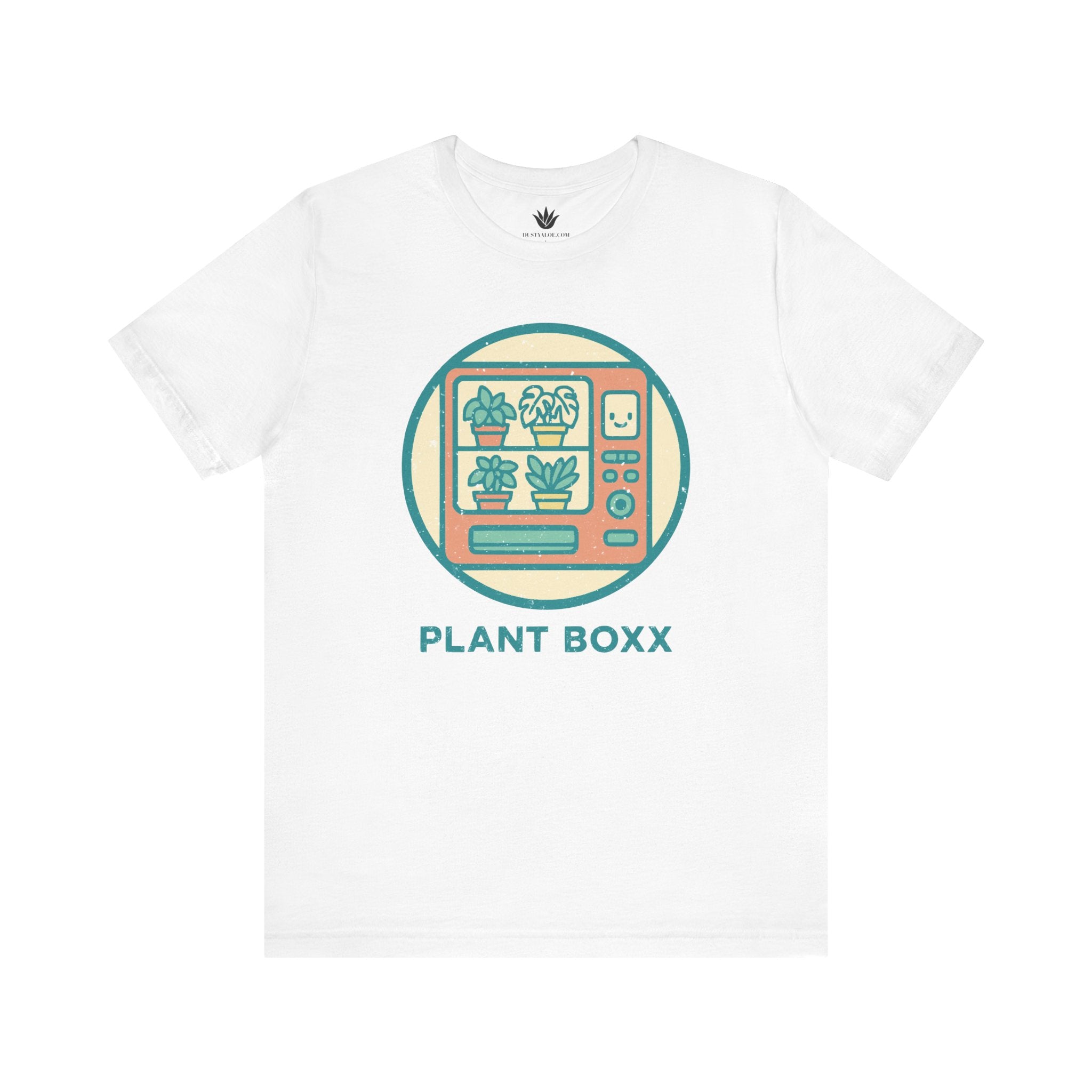 White unisex t-shirt with colorful retro vending machine design filled with potted plants and text “Plant Boxx” – perfect for plant lovers.