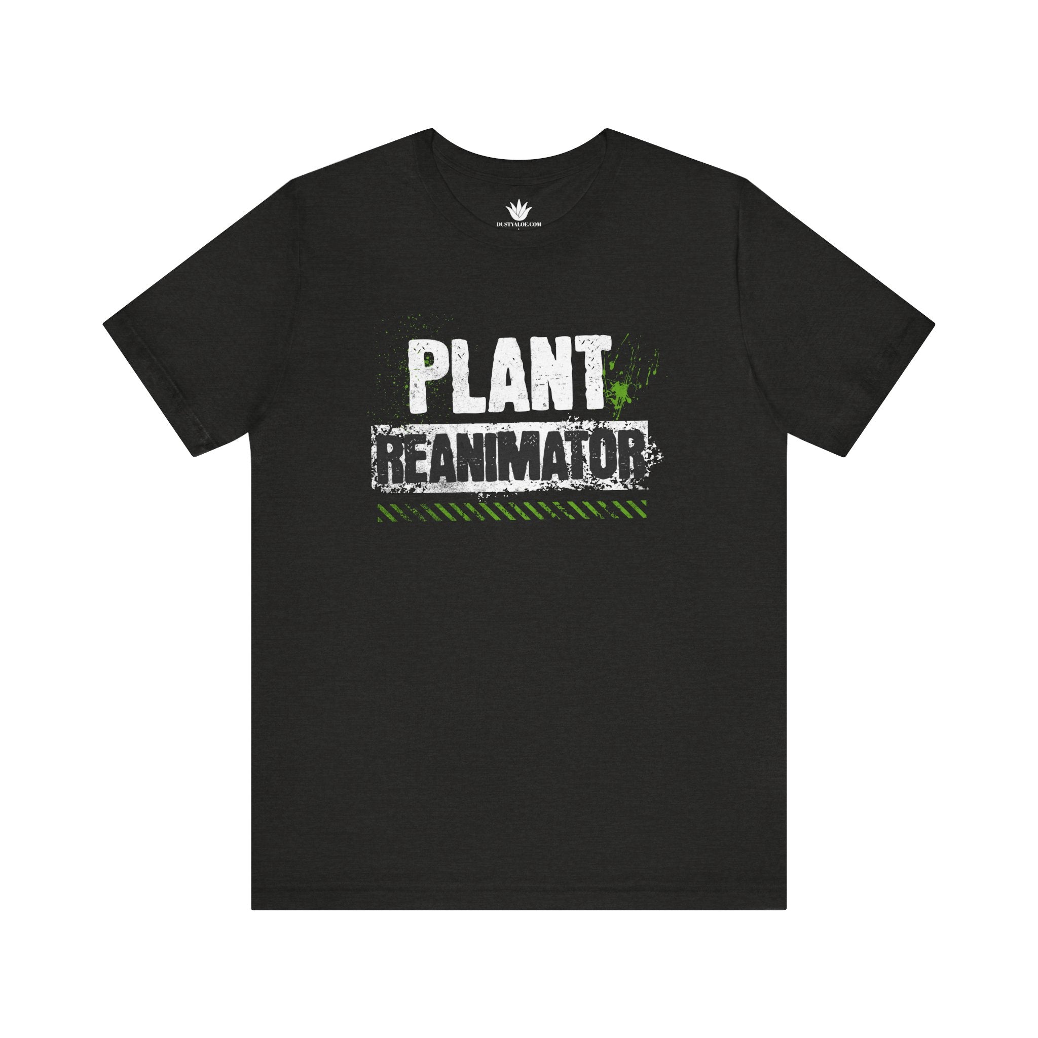 Black t-shirt with 'Plant Reanimator' text on a white background