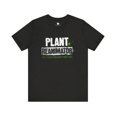 Black t-shirt with 'Plant Reanimator' text on a white background