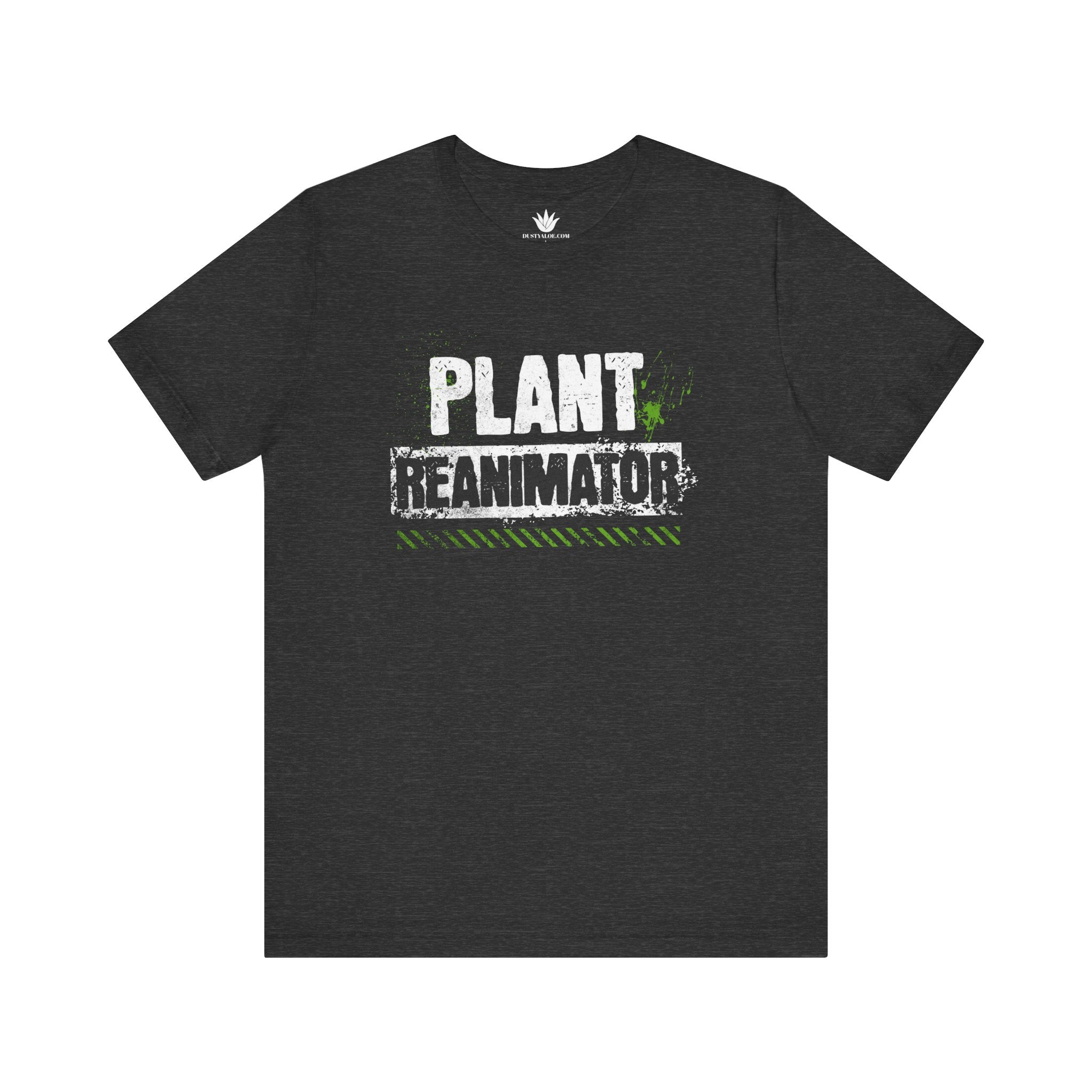 Dark charcoal graphic t-shirt with distressed white and green “Plant Reanimator” lettering for plant lovers and plant rescuers.