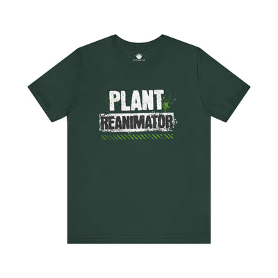 Green t-shirt with 'Plant Reanimator' text on a white background