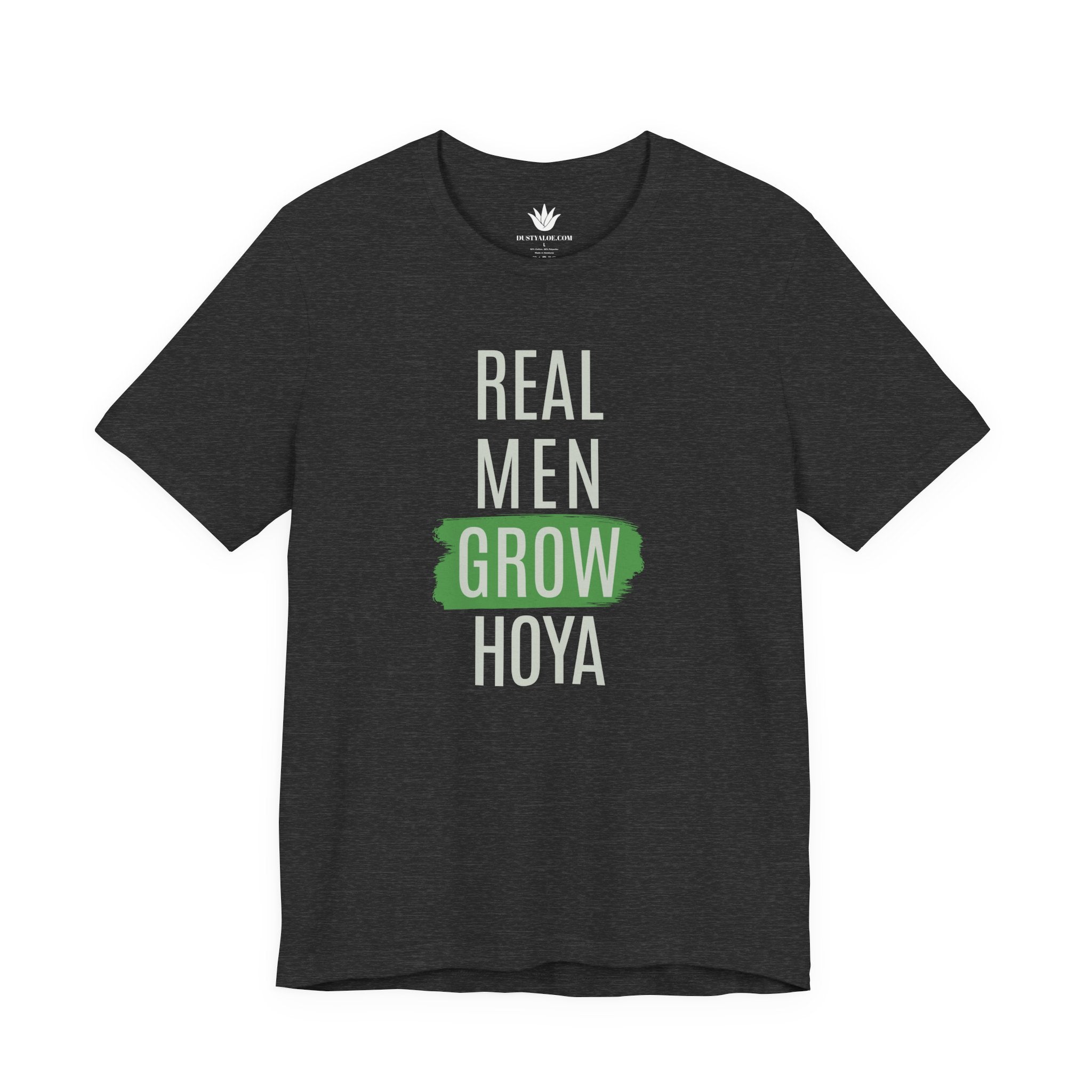 Black t-shirt with 'Real Men Grow Hoya' text on a white background