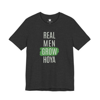 Black t-shirt with 'Real Men Grow Hoya' text on a white background