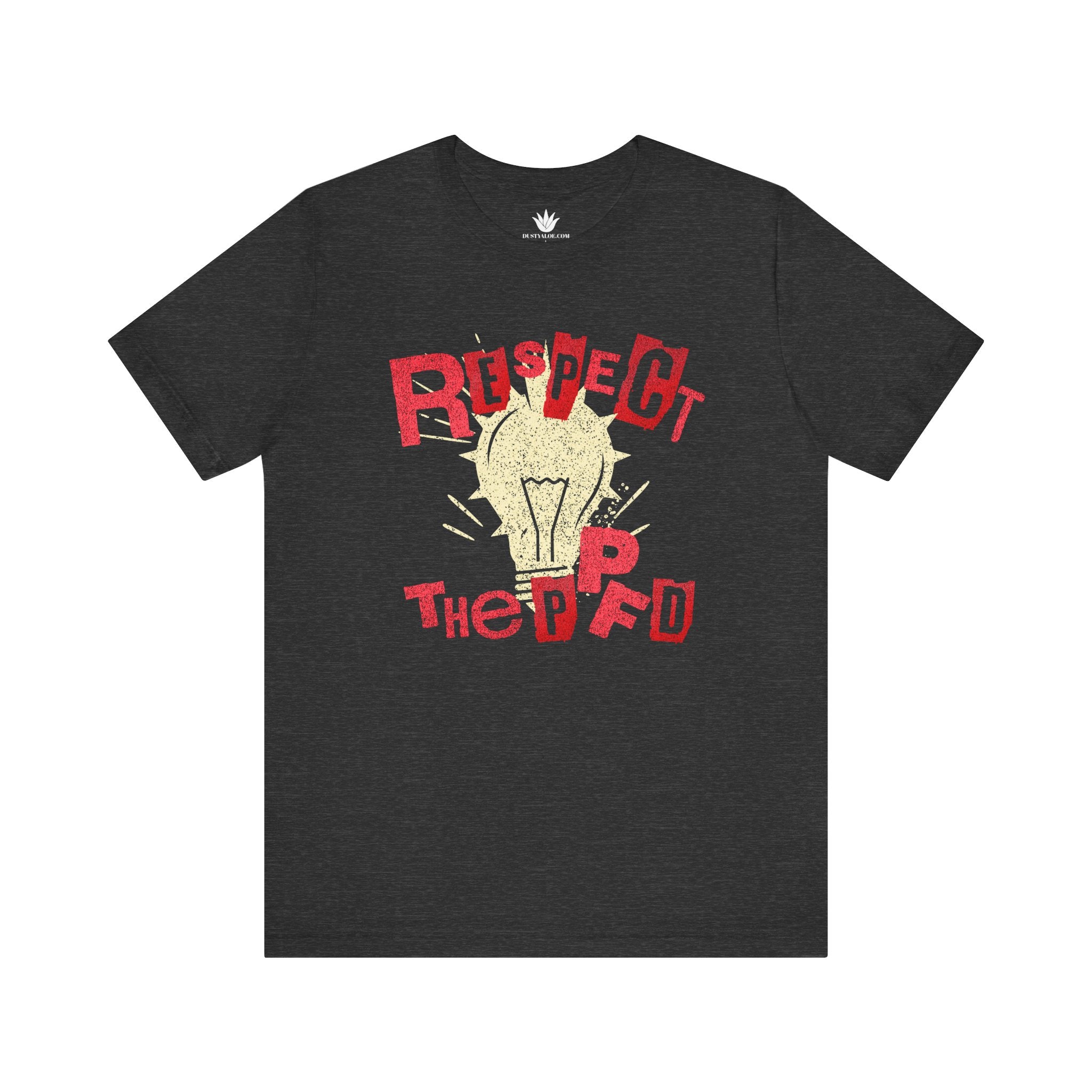 Dark grey unisex t-shirt with red “Respect the PPFD” text and yellow light bulb graphic for plant lovers and grow light science fans.