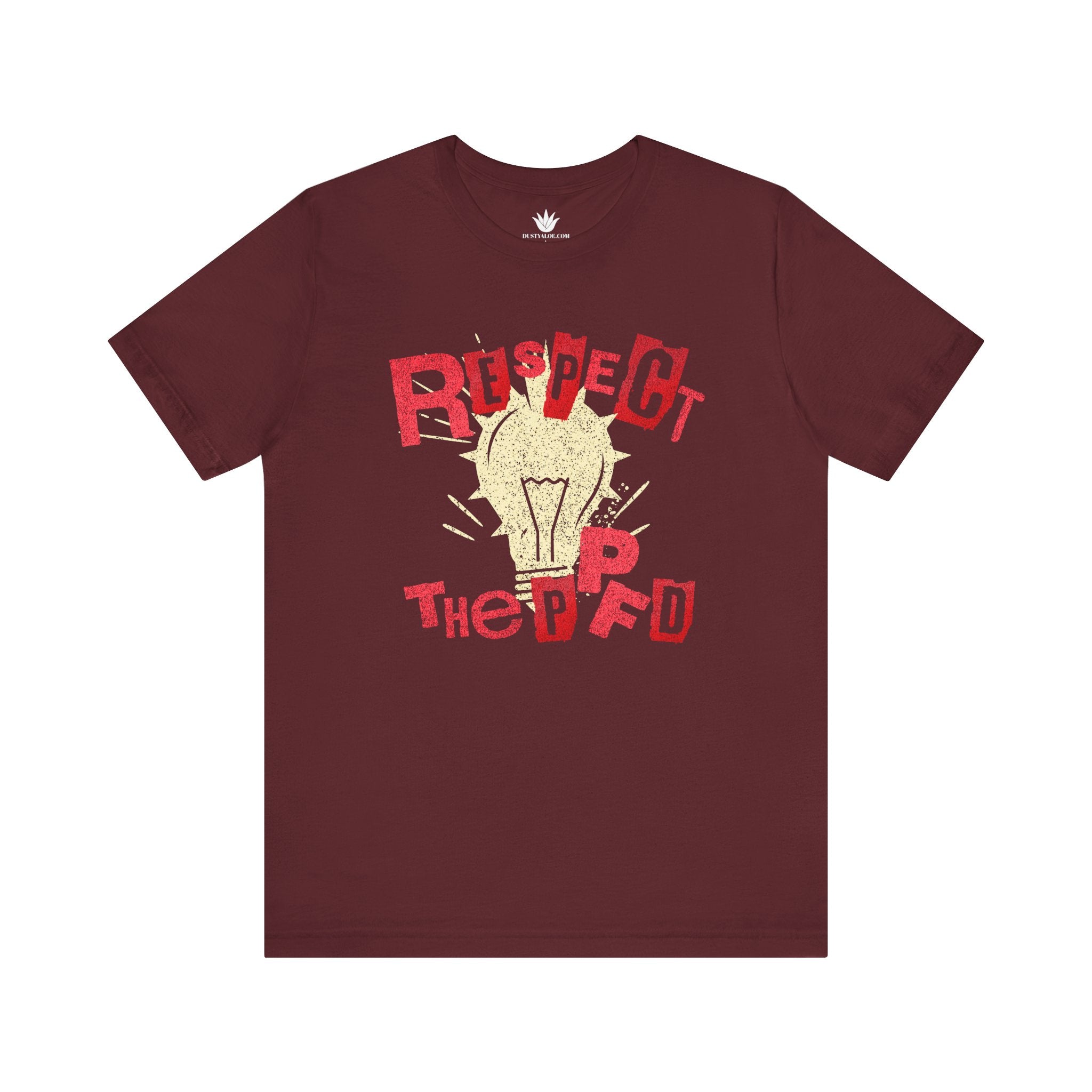 Maroon unisex t-shirt with red “Respect the PPFD” text and yellow light bulb graphic for plant lovers and grow light science fans.