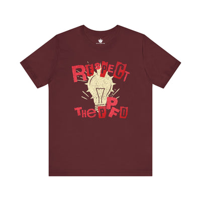 Maroon unisex t-shirt with red “Respect the PPFD” text and yellow light bulb graphic for plant lovers and grow light science fans.