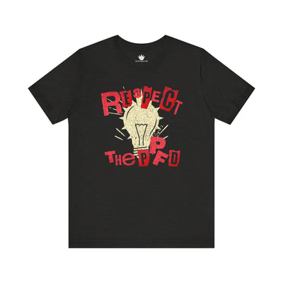 Black unisex t-shirt with red “Respect the PPFD” text and yellow light bulb graphic for plant lovers and grow light science fans.
