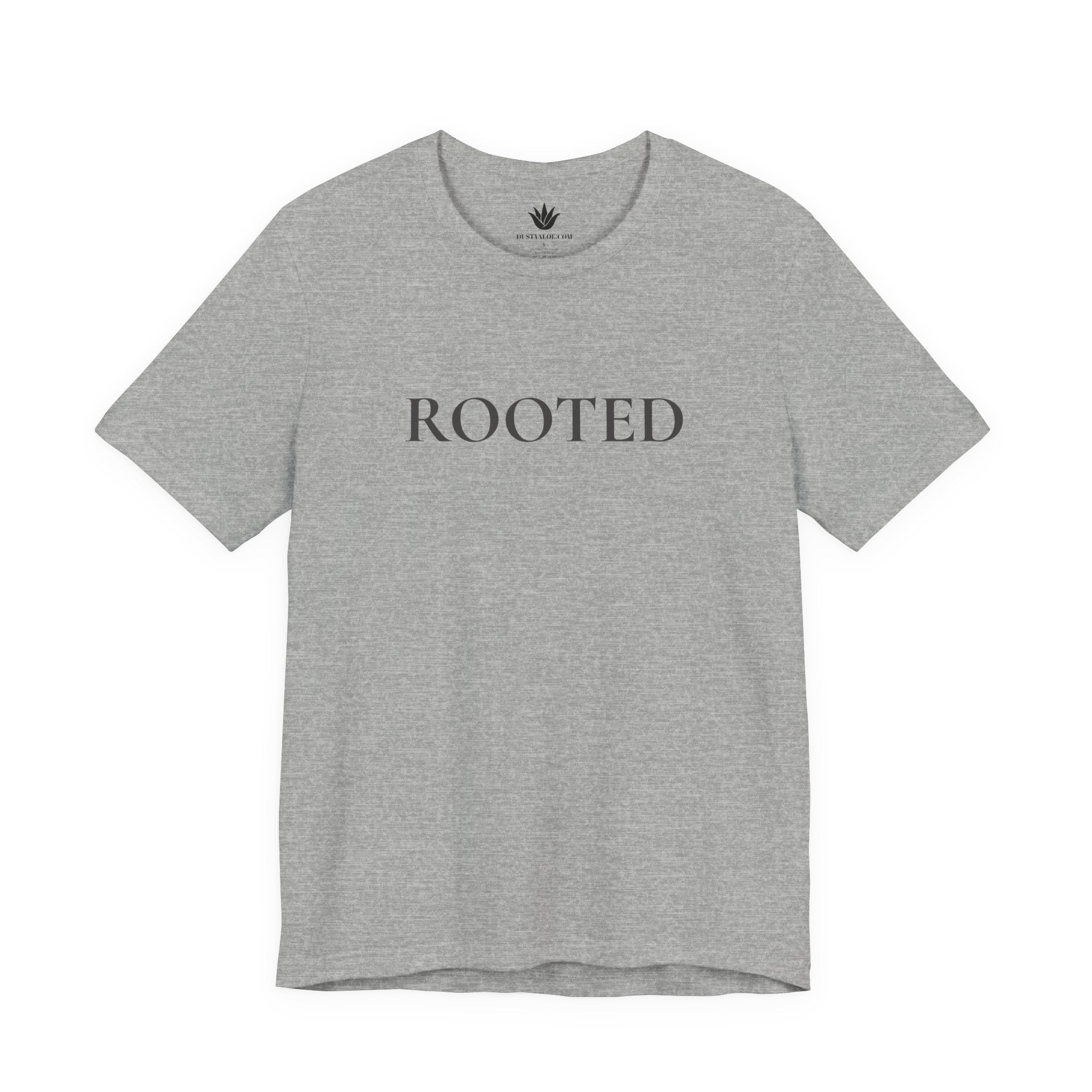 Gray t-shirt with 'ROOTED' text on a white background