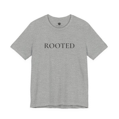 Gray t-shirt with 'ROOTED' text on a white background