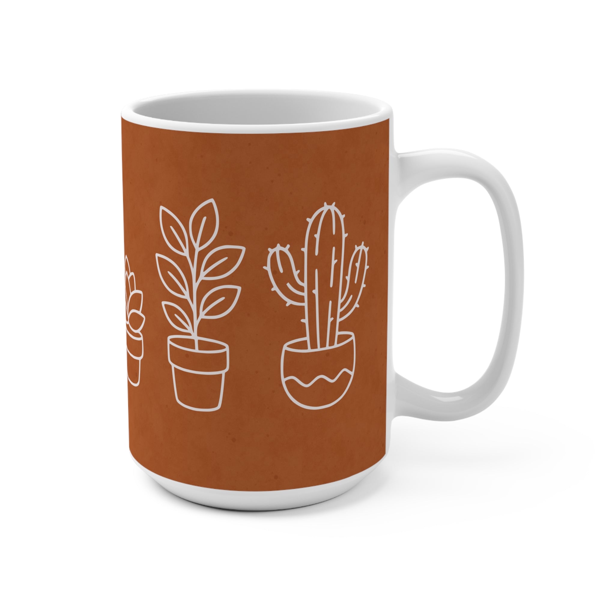 Mug with plant illustrations on a brown background