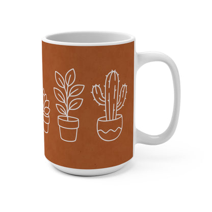 Mug with plant illustrations on a brown background