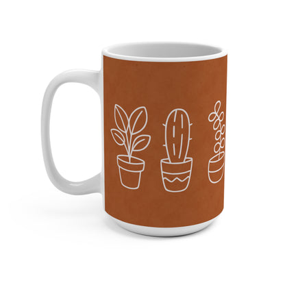 Mug with plant illustrations on a brown background