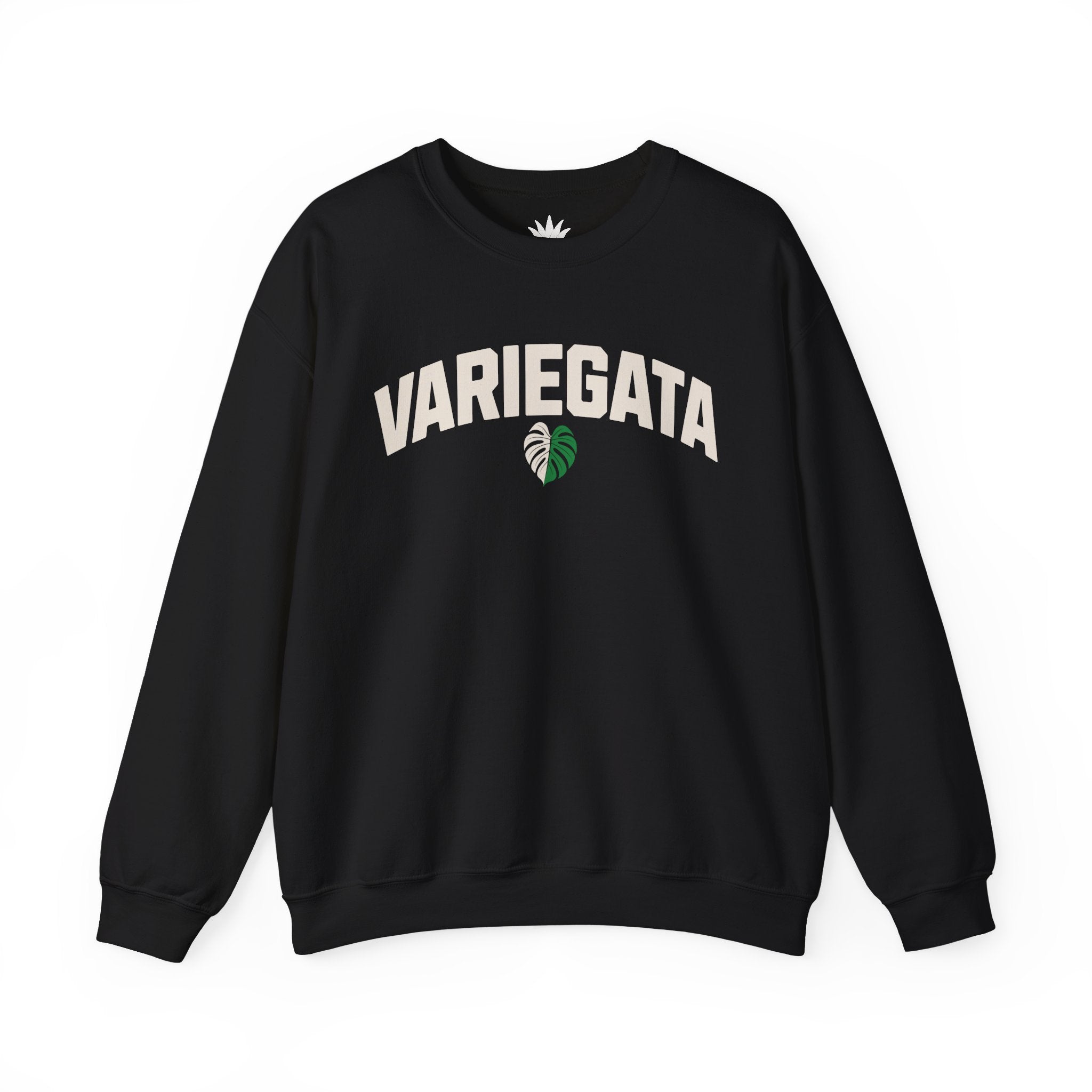 Black crewneck sweatshirt with bold white text ‘Variegata’ and variegated Monstera leaf graphic – cozy sweatshirt for rare plant collectors and houseplant lovers.
