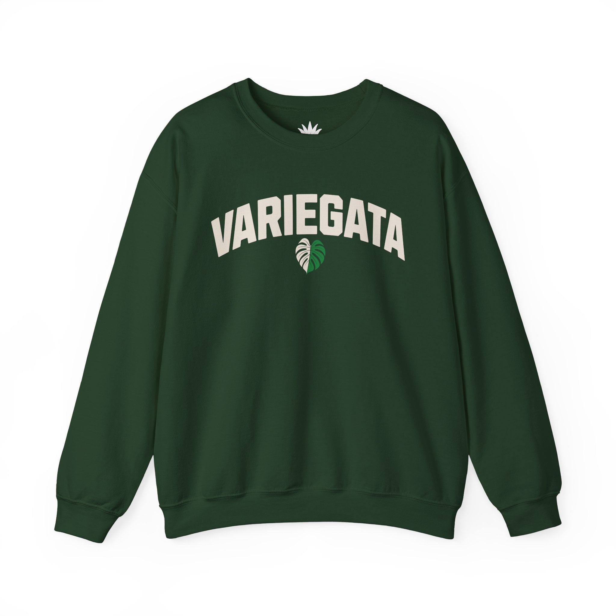 Dark green crewneck sweatshirt with bold white text ‘Variegata’ and variegated Monstera leaf graphic – cozy sweatshirt for rare plant collectors and houseplant lovers.