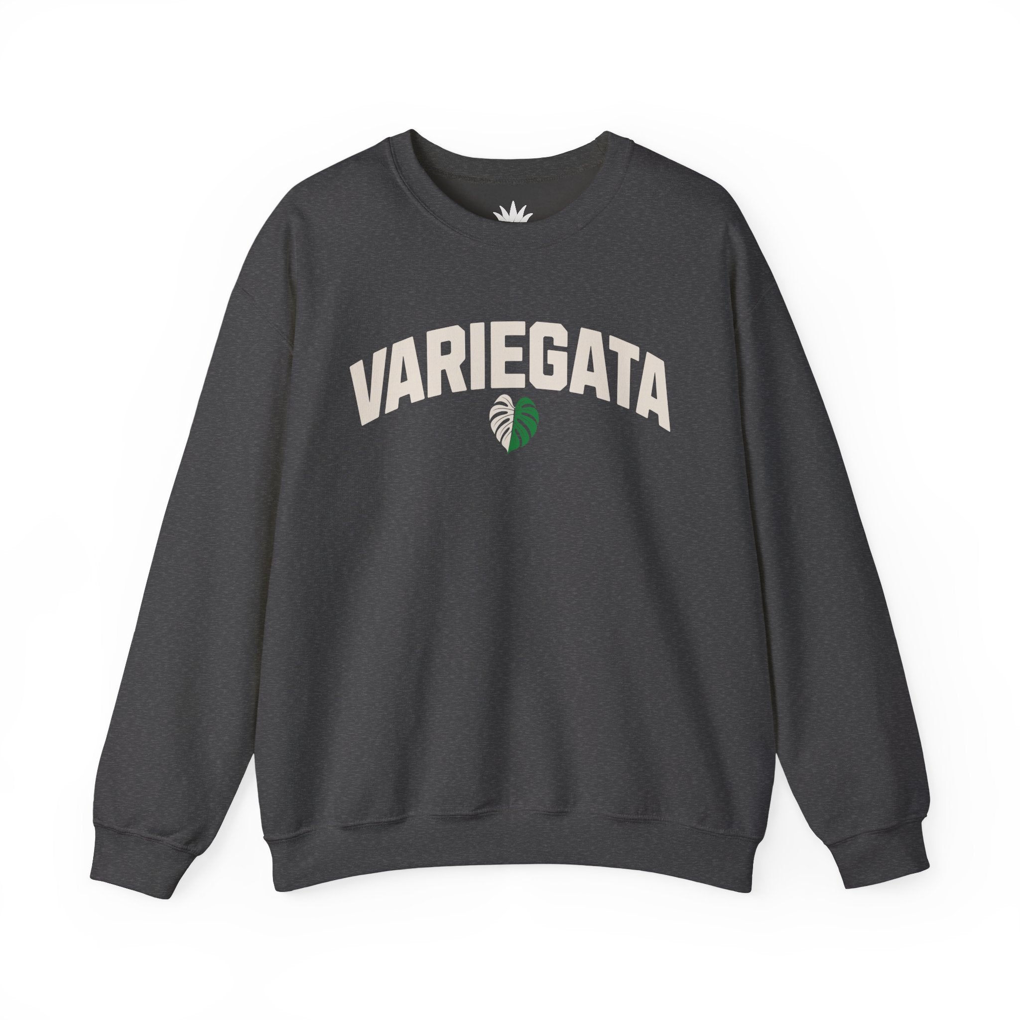 Grey crewneck sweatshirt with bold white text ‘Variegata’ and variegated Monstera leaf graphic – cozy sweatshirt for rare plant collectors and houseplant lovers.