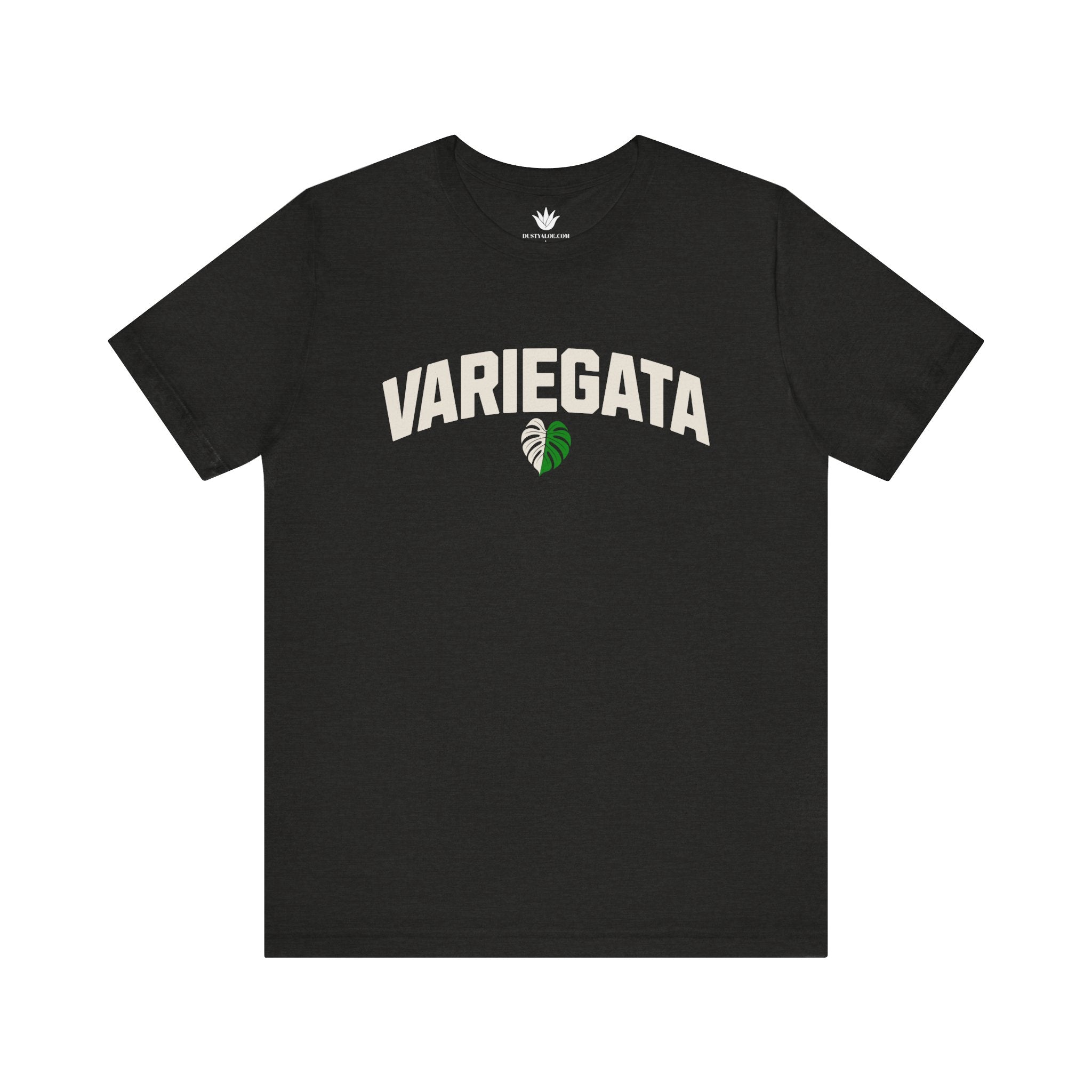 Black T-shirt with bold white text ‘Variegata’ and a variegated Monstera leaf graphic – stylish rare plant lover shirt for collectors.