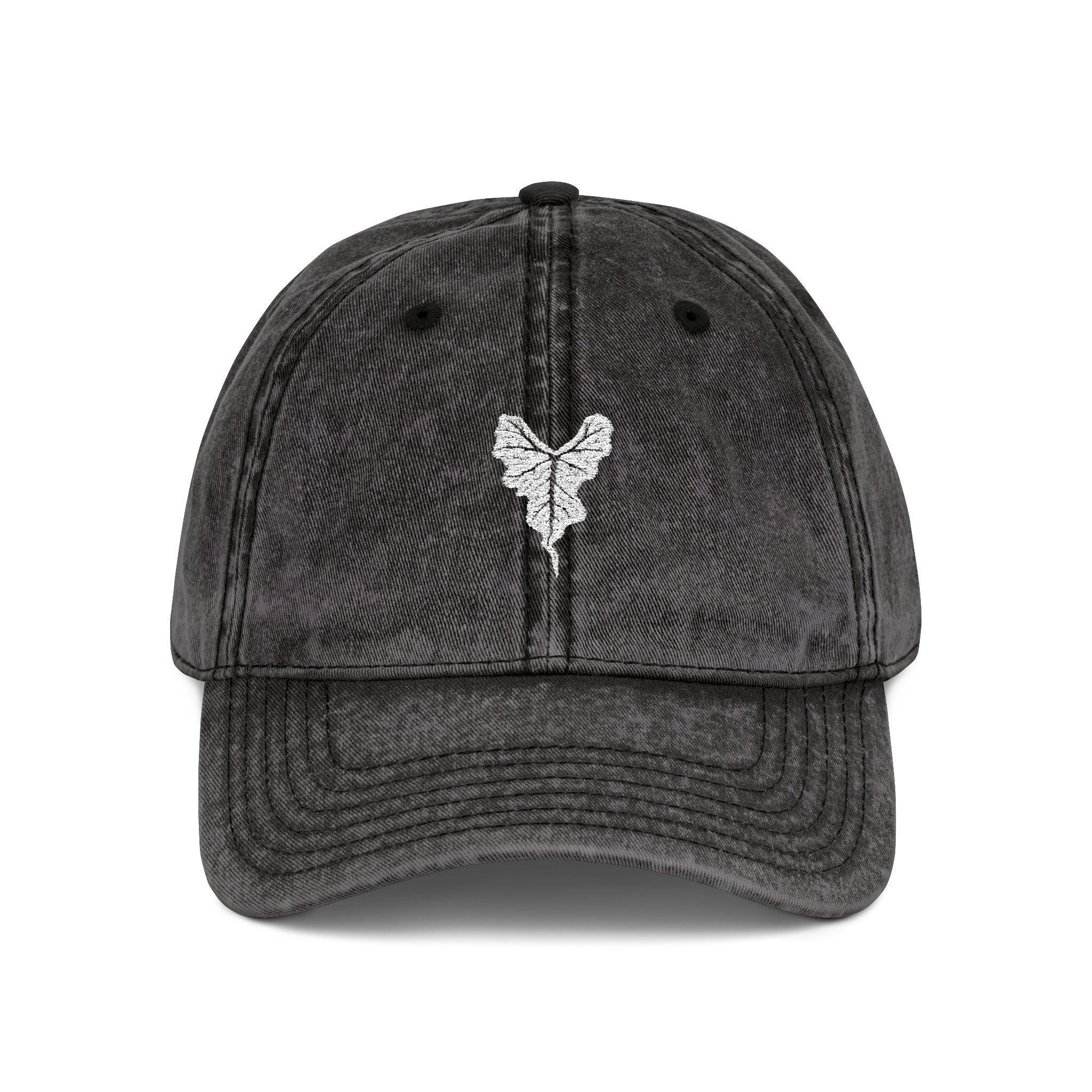 Vintage washed corduroy cap with embroidered white Alocasia Loco leaf on the front. Dark gray.
