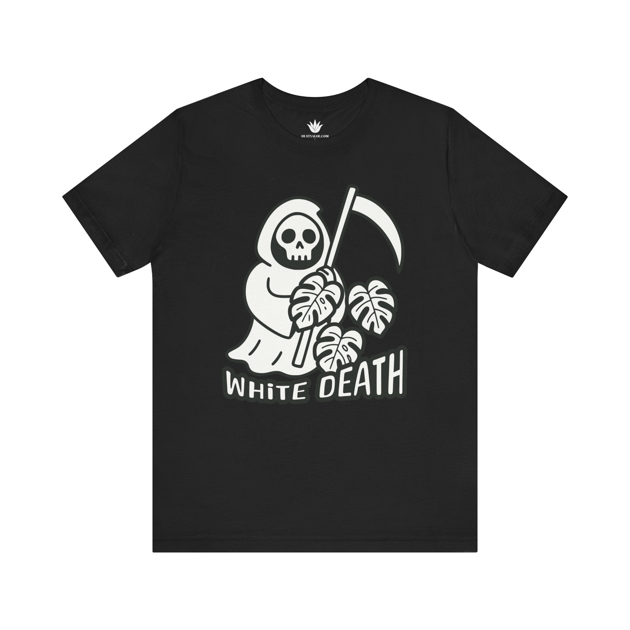 Black t-shirt with grim reaper holding monstera leaves and text "White Death" for spooky plant lovers.
