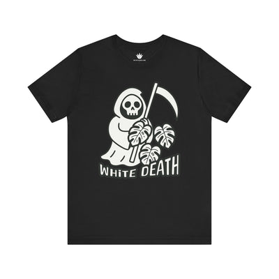 Black t-shirt with grim reaper holding monstera leaves and text "White Death" for spooky plant lovers.