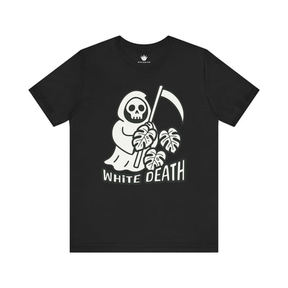 Black t-shirt with grim reaper holding monstera leaves and text "White Death" for spooky plant lovers.