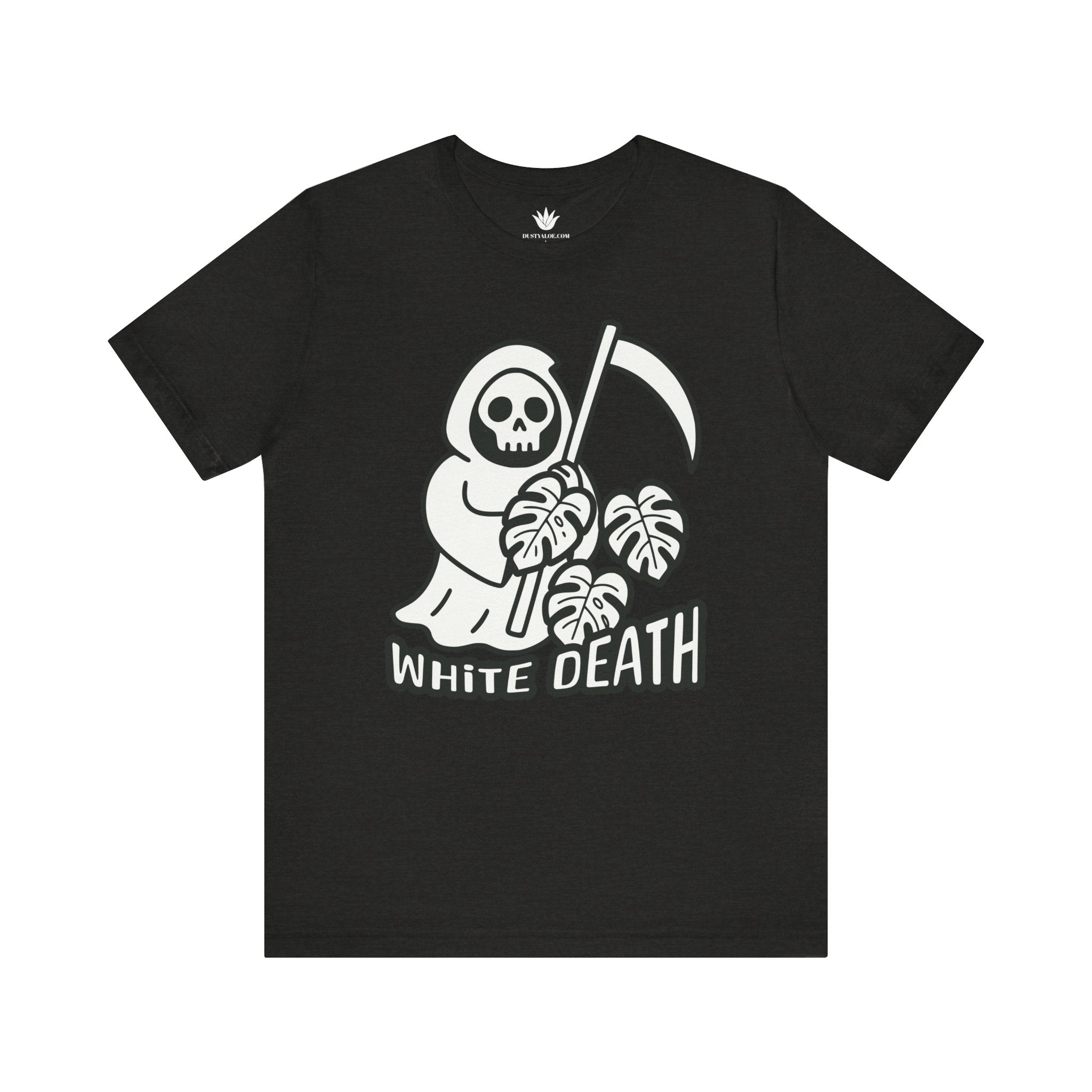 Gray t-shirt with grim reaper holding monstera leaves and text "White Death" for spooky plant lovers.