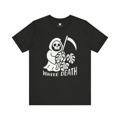Gray t-shirt with grim reaper holding monstera leaves and text "White Death" for spooky plant lovers.