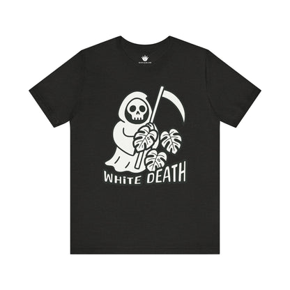 Gray t-shirt with grim reaper holding monstera leaves and text "White Death" for spooky plant lovers.