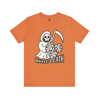 Orange t-shirt with a graphic design of a skeleton holding a sickle and leaves, with 'White Death' text on a white background.